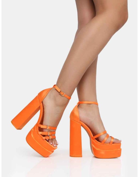 Enya Orange Satin Strappy Buckle Square Toe Platform Block Heels