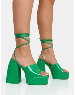 Orchid Green Patent Lace Up Mule Square Toe Platform Block Heels