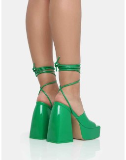 Orchid Green Patent Lace Up Mule Square Toe Platform Block Heels