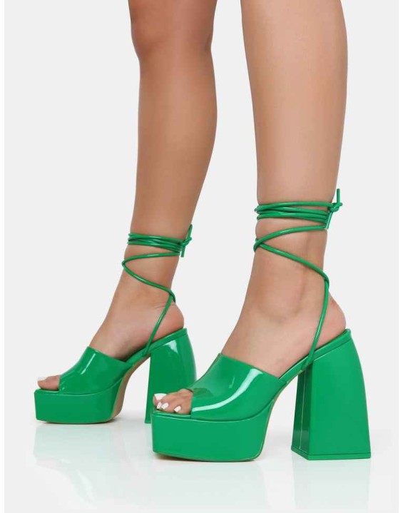 Orchid Green Patent Lace Up Mule Square Toe Platform Block Heels