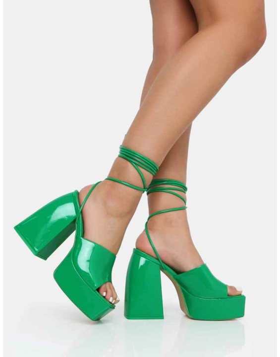 Orchid Green Patent Lace Up Mule Square Toe Platform Block Heels