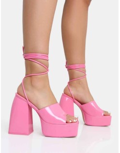 Orchid Pink Patent Lace Up Mule Square Toe Platform Block Heels