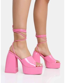 Orchid Pink Patent Lace Up Mule Square Toe Platform Block Heels