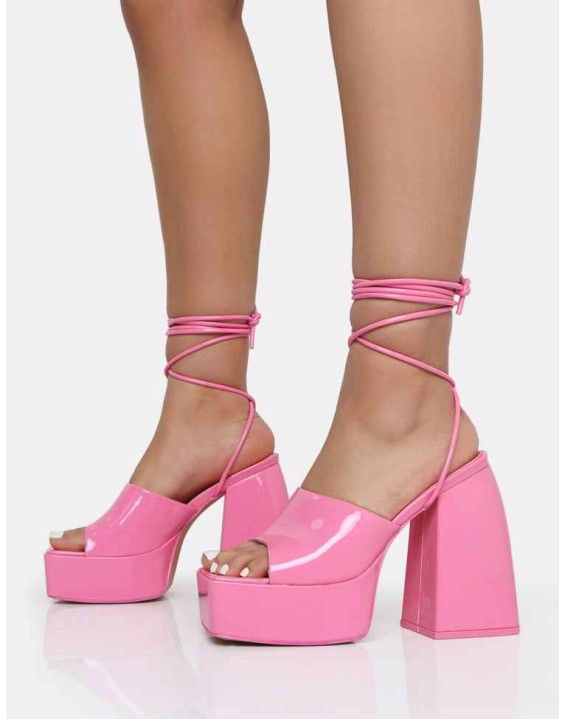 Orchid Pink Patent Lace Up Mule Square Toe Platform Block Heels