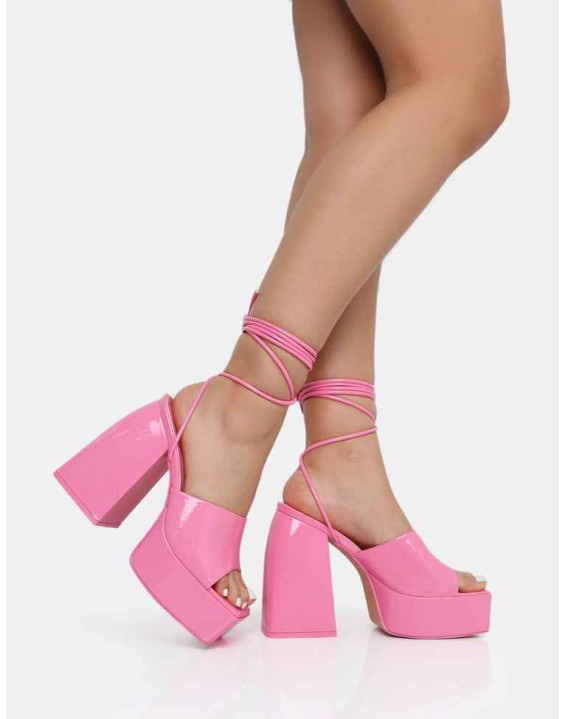 Orchid Pink Patent Lace Up Mule Square Toe Platform Block Heels