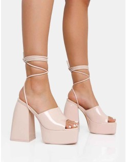 Orchid Nude Patent Lace Up Mule Square Toe Platform Block Heels