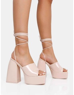 Orchid Nude Patent Lace Up Mule Square Toe Platform Block Heels