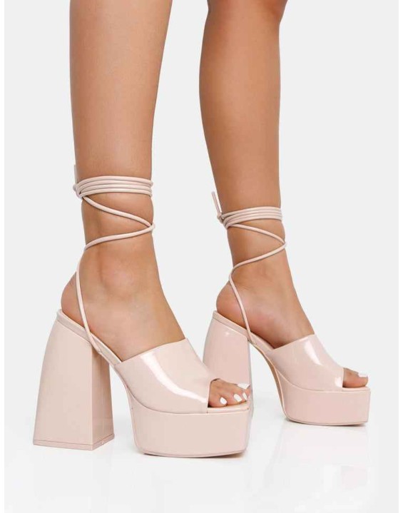 Orchid Nude Patent Lace Up Mule Square Toe Platform Block Heels