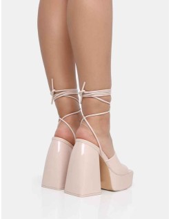 Orchid Nude Patent Lace Up Mule Square Toe Platform Block Heels