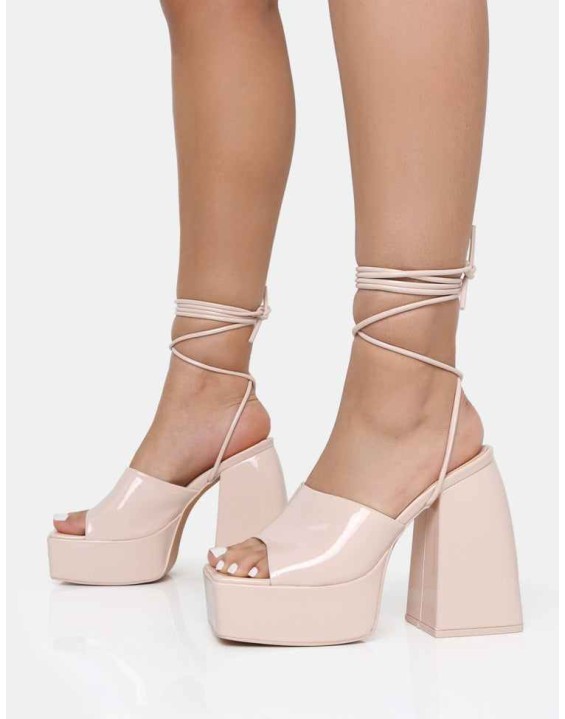 Orchid Nude Patent Lace Up Mule Square Toe Platform Block Heels