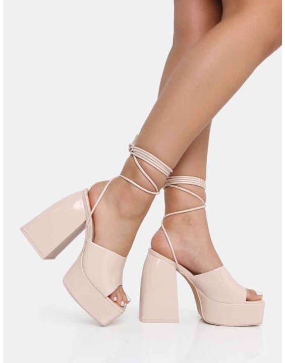 Orchid Nude Patent Lace Up Mule Square Toe Platform Block Heels