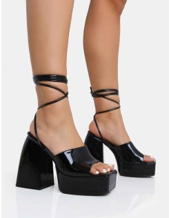 Orchid Black Patent Lace Up Mule Square Toe Platform Block Heels
