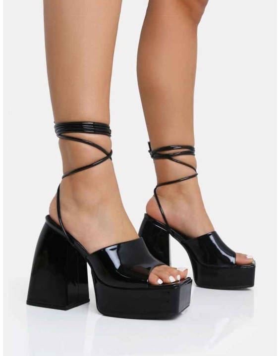Orchid Black Patent Lace Up Mule Square Toe Platform Block Heels
