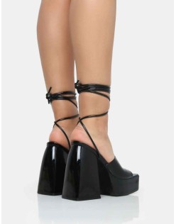 Orchid Black Patent Lace Up Mule Square Toe Platform Block Heels
