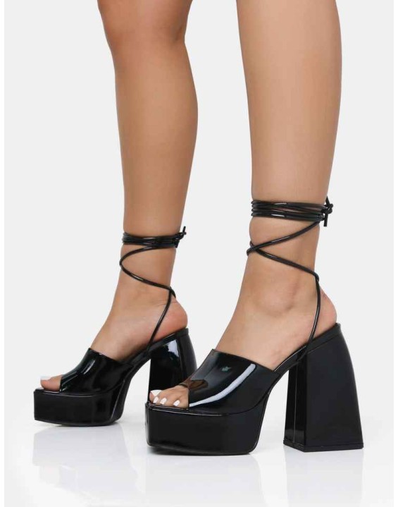 Orchid Black Patent Lace Up Mule Square Toe Platform Block Heels