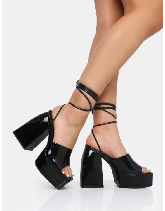 Orchid Black Patent Lace Up Mule Square Toe Platform Block Heels
