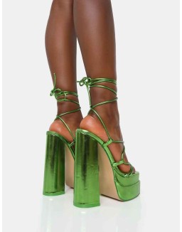 Glow Girl Green Mirror Lace Up Platform High Heels