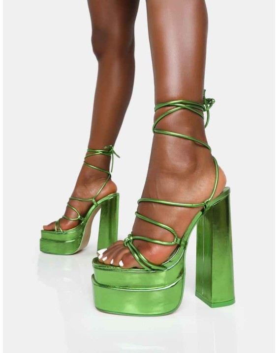 Glow Girl Green Mirror Lace Up Platform High Heels