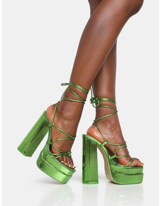 Glow Girl Green Mirror Lace Up Platform High Heels