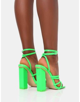 Tobi Neon Lime Strappy Square Toe High Block Heels