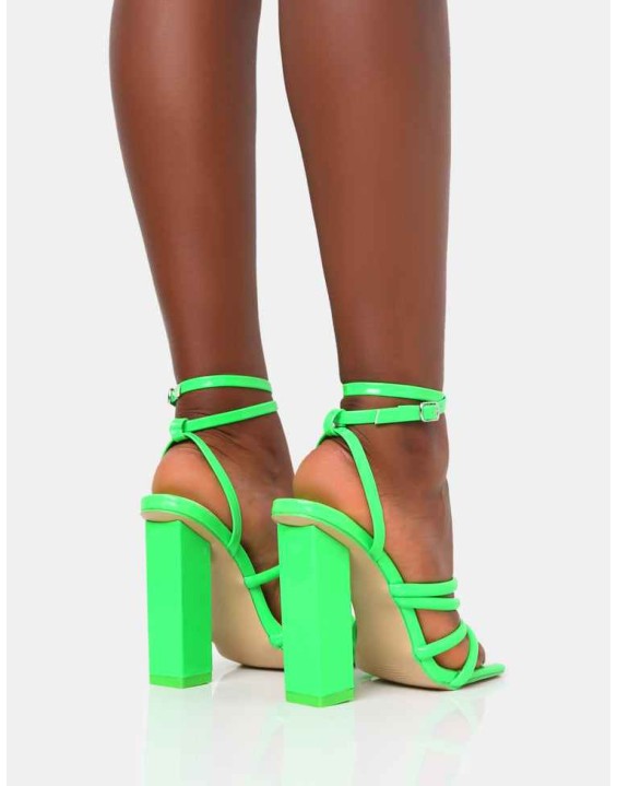 Tobi Neon Lime Strappy Square Toe High Block Heels
