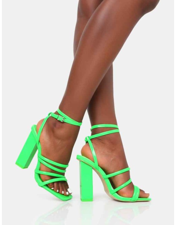 Tobi Neon Lime Strappy Square Toe High Block Heels