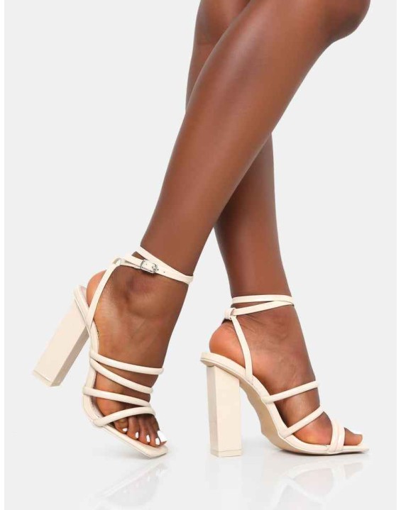 Tobi Ecru Patent Strappy Square Toe High Block Heels