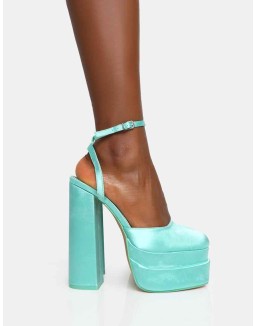 Moonchild Turquoise Satin Closed Toe Statement Platform Block Heels