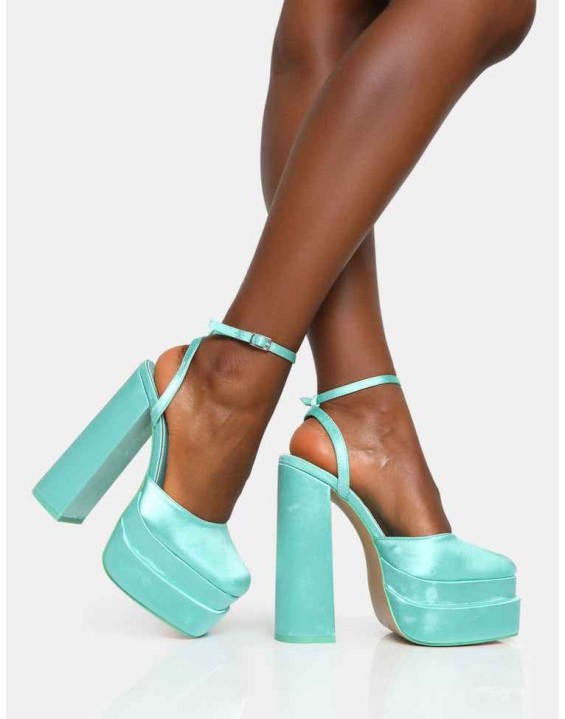 Moonchild Turquoise Satin Closed Toe Statement Platform Block Heels