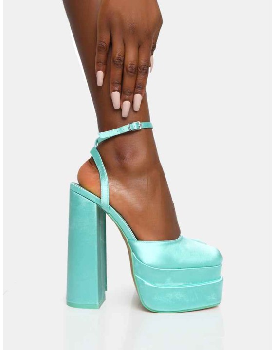 Moonchild Turquoise Satin Closed Toe Statement Platform Block Heels
