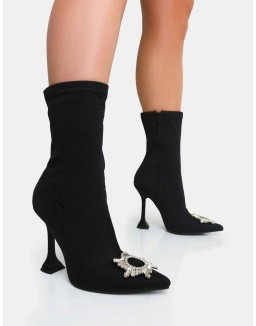Modena Black Nylon Diamantie Broach Cake Stand Heel Sock Ankle Boot