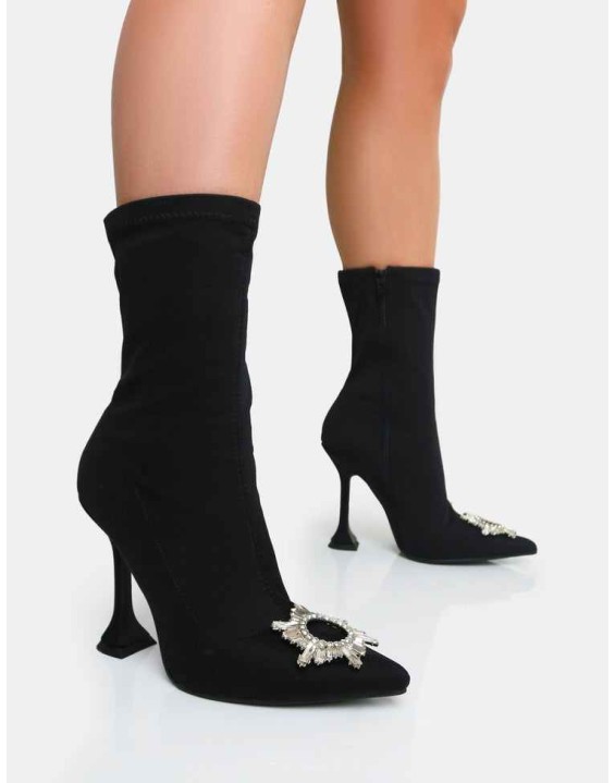 Modena Black Nylon Diamantie Broach Cake Stand Heel Sock Ankle Boot
