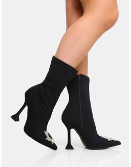 Modena Black Nylon Diamantie Broach Cake Stand Heel Sock Ankle Boot