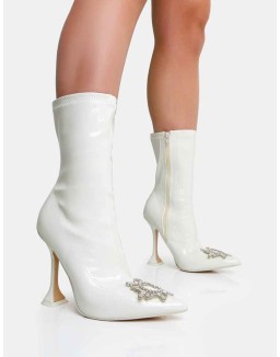Modena Ecru Patent Diamantie Broach Cake Stand Heel Ankle Boot