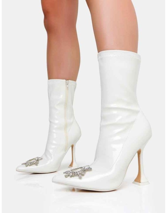 Modena Ecru Patent Diamantie Broach Cake Stand Heel Ankle Boot