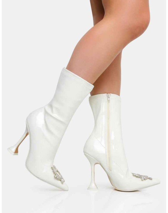 Modena Ecru Patent Diamantie Broach Cake Stand Heel Ankle Boot