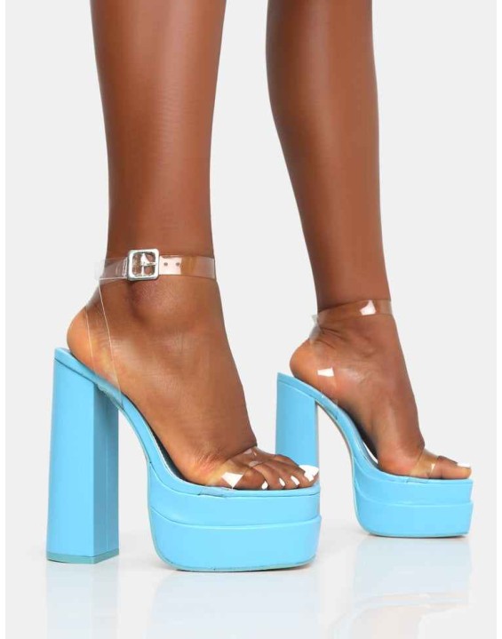 Calla Baby Blue Patent Barely There Clear Perspex Square Toe Platform Block Heels