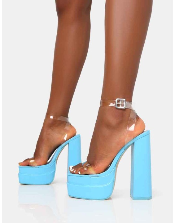 Calla Baby Blue Patent Barely There Clear Perspex Square Toe Platform Block Heels