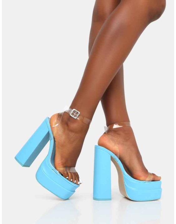 Calla Baby Blue Patent Barely There Clear Perspex Square Toe Platform Block Heels