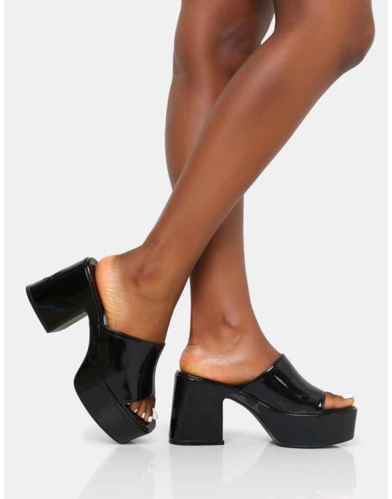Ariel Black Patent Mule Chunky Mid Platform Heels