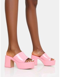 Ariel Pink Patent Patent Mule Chunky Mid Platform Heels