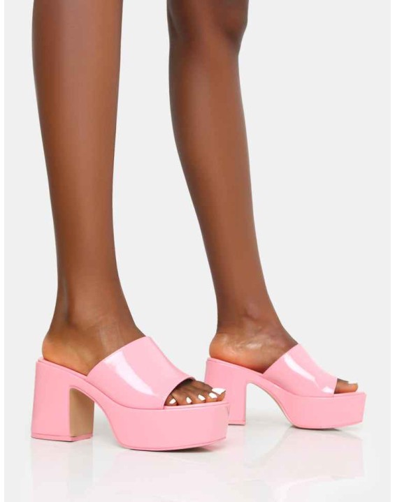 Ariel Pink Patent Patent Mule Chunky Mid Platform Heels