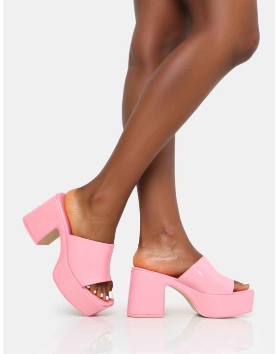 Ariel Pink Patent Patent Mule Chunky Mid Platform Heels