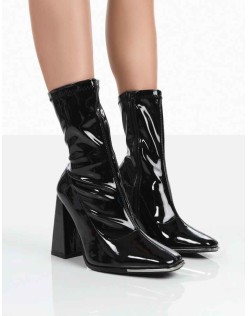Liberty Black Patent Sock Block Heeled Ankle Boots