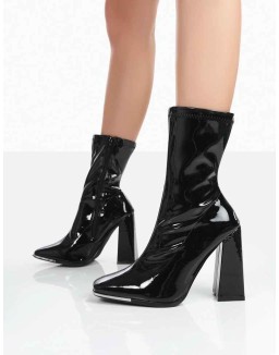 Liberty Black Patent Sock Block Heeled Ankle Boots