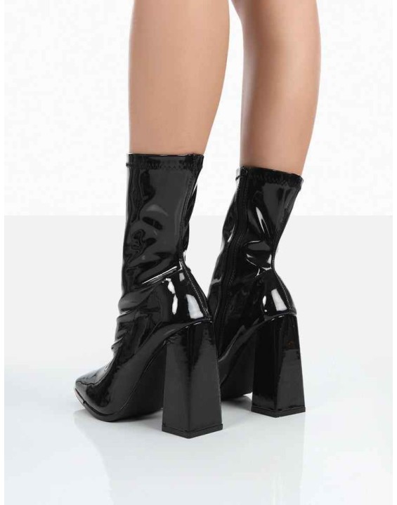 Liberty Black Patent Sock Block Heeled Ankle Boots