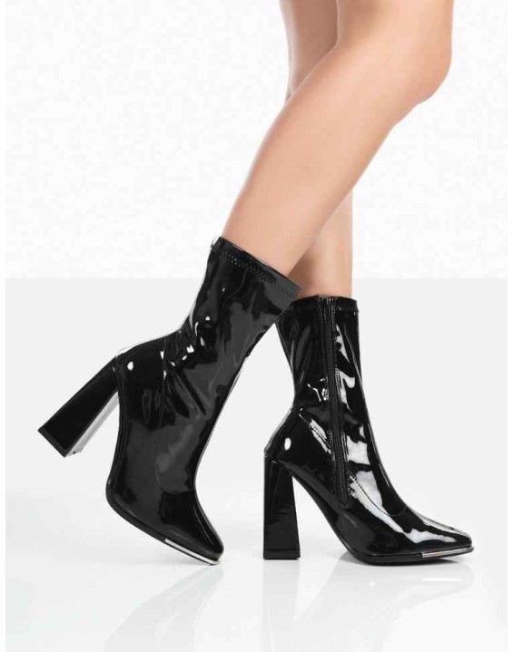 Liberty Black Patent Sock Block Heeled Ankle Boots