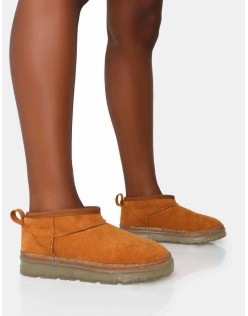 Bambi Tan Faux Suede Ultra Mini Ankle Boots