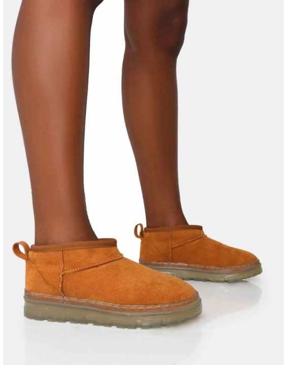 Bambi Tan Faux Suede Ultra Mini Ankle Boots