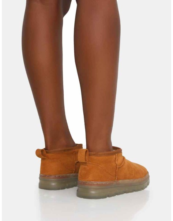 Bambi Tan Faux Suede Ultra Mini Ankle Boots